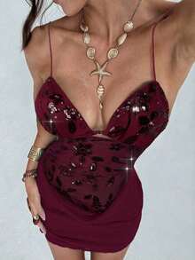 Nuevo vestido camisero romántico y sexy con cuello en pico, contraste de malla brillante y shorts, mini vestido anti-destellos - Burdeos - Ver 6