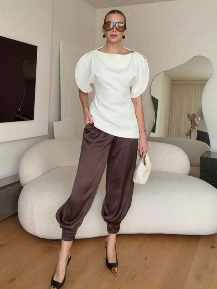 Blusa negra de mujer con cuello redondo, mangas de pétalos y bajo asimétrico, nueva y elegante para el verano - Blanco - Ver 1