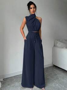 Conjunto de dos piezas para mujer con top de cuello apilado elegante color albaricoque y pantalones de pierna ancha, ropa de maestra, pantalones ligeros y cómodos, conjunto de dos piezas con top sin mangas asimétrico, adecuado para primavera, verano y otoño, conjunto de dos piezas con pantalones holgados, conjunto de dos piezas de diseñador, atuendo para mujeres para conciertos, vestido de noche elegante, adecuado para uso diario, fiestas, temporada de graduación, temporada de bodas, disfraces para actuaciones - Azul marino - Ver 9
