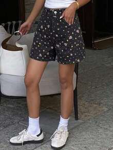 shorts vaqueros informales y sueltos con efecto desgastado para mujer - Negro - Ver 2