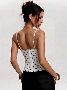 Camiseta de mujer con estampado de lunares y encaje en contraste - Blanco y Negro - Ver 2