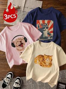 3 piezas Camisetas gráficas de estilo vacacional para mujer, de corte holgado, de manga corta y cuello redondo, ligeras y transpirables, impresas con "ALOHA", "ISLAND TIME", "TAKE ME TO THE MOUNTAINS", etc. , camisetas casuales bohemias, adecuadas para viajes a la playa, campamento, salidas de verano, picnic y uso diario - Multicolor 3 - Ver 7