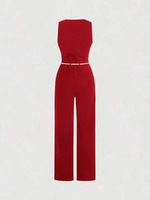 Juego De Dos Piezas Para Mujer Con Chaleco Y Pantalones De Color Sólido - Burdeos - Ver 2