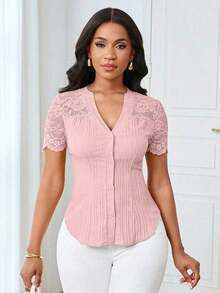Camisa casual de mujer de unicolor y estilo simple para uso diario, verano - Rosa vieja - Ver 3