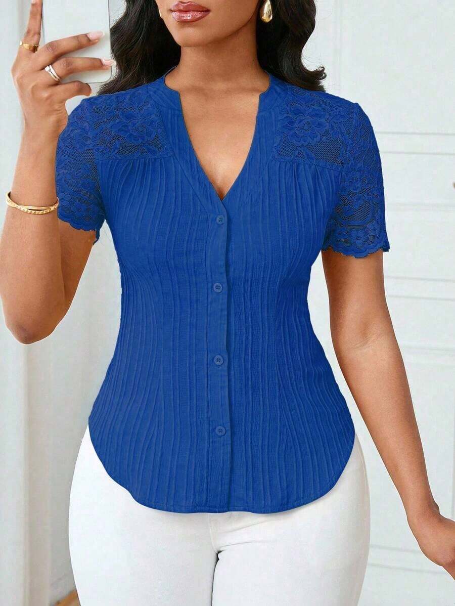 Camisa casual de mujer de unicolor y estilo simple para uso diario, verano - Azul marino - Ver 1