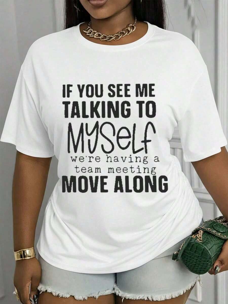 Casual Crew Neck T-Shirt For Spring/Summer - 'If You See Me Talking To Myself, We're Having A Team Meeting.' Printed T-Shirt | Machine Washable | Stylish Layering Piece | Ideal For Holidays And Special Occasions | Versatile And Fashionable | Comfortable Unisex Vintage Urban Style Short Sleeve Crew Neck T-Shirt, 100% Pure Cotton - 白色 - 查看 1