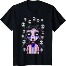 Women's Gothic Skeleton Girl Print Black Short Sleeve Round Neck Casual T-Shirt, Cotton Blend Comfort Fit Top - Negro - Ver 1