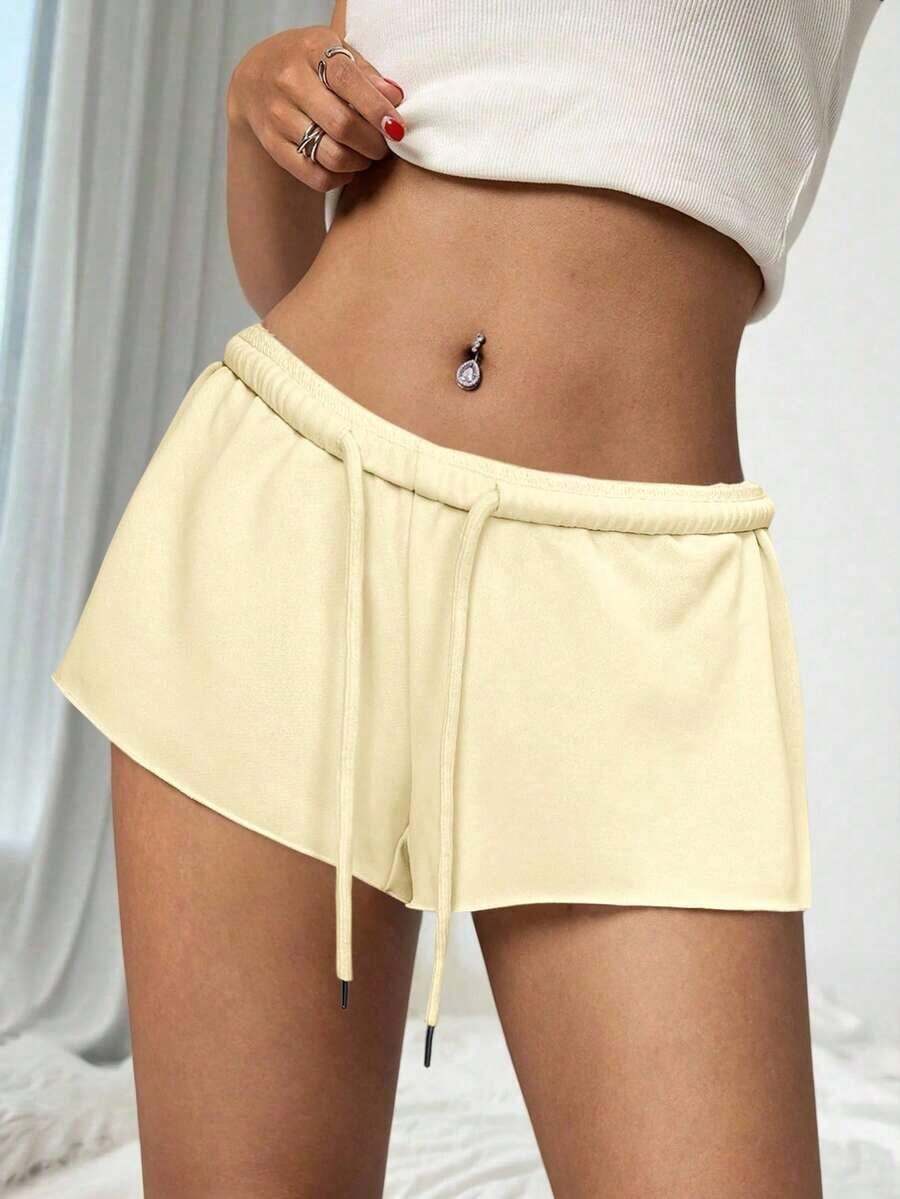 Pantalones cortos casuales sueltos de cintura elástica de unicolor para mujer - Amarillo claro - Ver 1