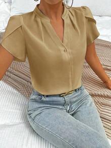 Blusa de trabajo con cuello en pico y mangas de pétalo de color blanco para mujer, blusas de manga corta - Marrón - Ver 5