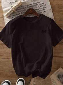 Camiseta de manga corta holgada con estampado de lazo y hombros anchos, casual, negra, de verano - marrón oscuro - Ver 2