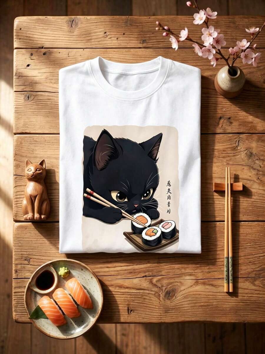 Women's Clothing, Fun Japanese Style With Black Cat Eating Sushi Print, Korean Version, Comfortable And Versatile Retro Fashion For Daily Travel, Y2k Women's Clothing. Short-Sleeved, Round-Neck, Fitted, Black, Niche Punk Style, From The Washed Retro Series, Comfortable, Made Of Pure Cotton, Which Allows You To Easily Create Retro Casual Clothes, Suitable For Daily Commute, Casual Outings, Daily Use, Classic Retro Clothing For Women. - 白色 - 查看 1