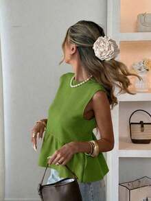 Blusa sin mangas de punto para mujer, estilo minimalista casual, unicolor, bajo con volantes, favorecedora, adecuada para ir a trabajar, citas, vacaciones, tiempo libre - Verde militar - Ver 5