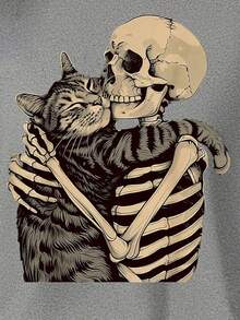 LUNE Camiseta de manga corta casual, cómoda y versátil para mujer con estampado de calavera y gato, adecuada para el hogar y el exterior - Gris Claro - Ver 4
