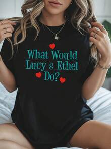 Camiseta manga corta cuello redondo 100% algodón, estampado trendy, tejido ligero y ventilado, estilo moda casual, apta para vida diaria, salidas informales y citas en primavera, verano y otoño - Negro - Ver 7