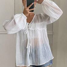 Camisa de mujer casual y versátil de unicolor con lazo - Albaricoque - Ver 6