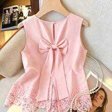 Blusa minimalista versátil para mujer con lazo, de gasa negra y sin mangas, en color albaricoque, nuevos lanzamientos de primavera/verano de estilo elegante francés - Rosa Pálido - Ver 1