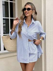 Conjunto de camisa y pantalones cortos de rayas verticales de moda para mujer - Azul - Ver 3