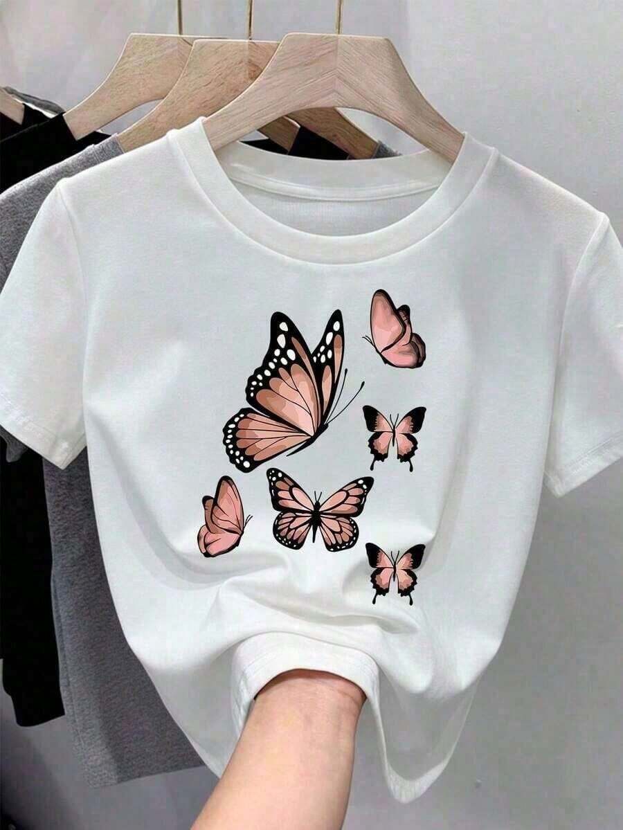 Camiseta Holgada Sencilla Mujer Estilo Moderno Camiseta Casual de Verano para Mujer, de Algodón Puro, Manga Corta, Cuello Redondo, Estampado de Mariposas, Cómoda y Transpirable, Oferta Especial por Tiempo Limitado Camiseta Mujer Estampado Gráfico Verano 2026 - Blanco - Ver 1