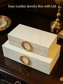 1 pieza Caja de joyería con textura de onda 3D de piel sintética, decoración del hogar moderna, caja de almacenamiento de joyas, caja organizadora, herrajes de aleación de zinc chapados en oro, material de piel sintética clásica, disponible en varios tamaños (Blanco Lechoso) - Blanco - Ver 13