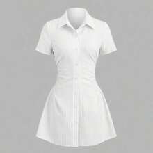 Sweetro Sweet & Fresh Pink Short Sleeve Shirt Dress, Waist Cinched Slimming Stylish Blouse Dress For Summer - Blanco - Ver 1
