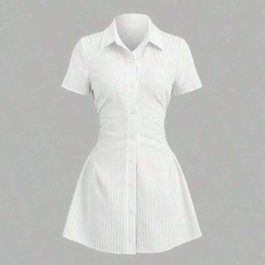 Sweetro Sweet & Fresh Pink Short Sleeve Shirt Dress, Waist Cinched Slimming Stylish Blouse Dress For Summer - Blanco - Ver 1