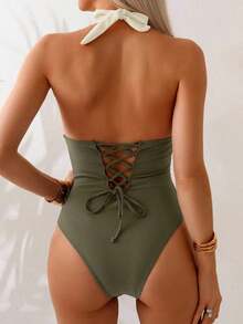 Traje de baño de una pieza con control de abdomen, estilo minimalista de unicolor, con escote halter y espalda descubierta, para vacaciones de verano en la playa - Multicolor 5 - Ver 7