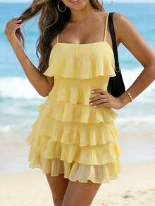 Vestido mini casual de mujer con textura plisada y con volantes para vacaciones - Amarillo mantequilla - Ver 2