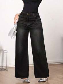 Jeans de pierna ancha de talle medio vintage para mujer - Uso casual elegante sin estiramiento - Negro - Ver 5