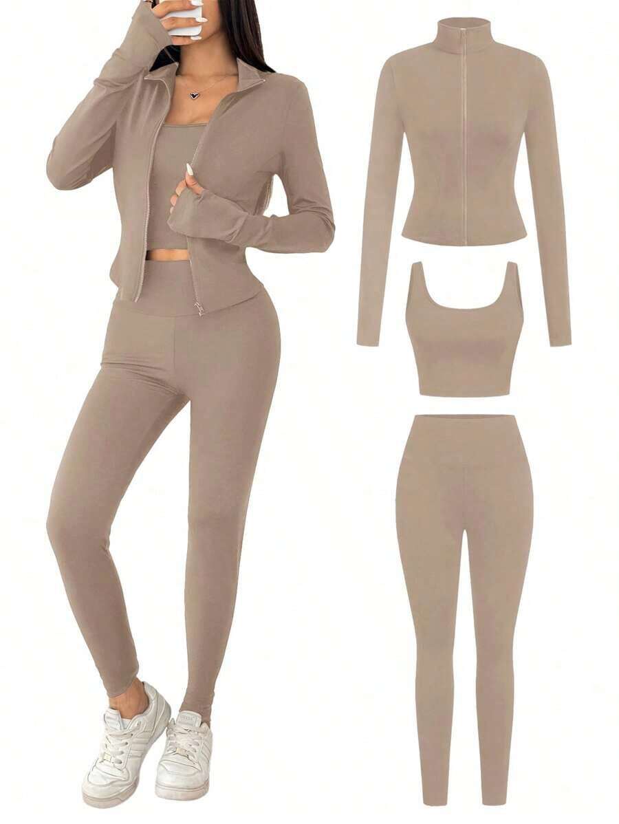 Conjunto deportivo de 3 piezas para mujer: Cárdigan de punto con cremallera + Camiseta + Pantalones en color negro - Caqui - Ver 1