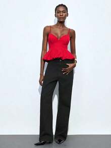 Maija Top de tirantes finos de unicolor con volantes en el bajo, para uso urbano, casual de oficina, elegante para fiestas de Navidad y Año Nuevo, ropa de mujer - Rojo 2 - Ver 2