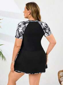 Swim  Nuevo traje de baño de una pieza elegante, traje de baño informal con estampado de hojas para mujeres de talla grande, traje de baño de una pieza para mujeres de talla grande, conjunto de shorts de dos piezas para mujeres de talla grande, traje de baño de una pieza para mujeres con curvas, conjunto de shorts para mujeres con curvas - Multicolor 2 - Ver 2