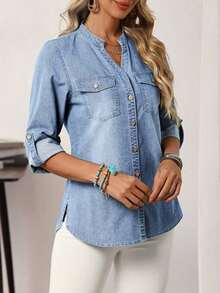 Camisa vaquera casual de mujer con cuello en V, abotonadura sencilla, dobladillo y puños - Lavado ligero - Ver 4
