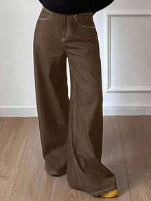 Jeans casuales de mujer de pierna ancha, unicolor, con bolsillo cargo suelto - Café integral - Ver 6