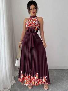 Vestido holgado de verano elegante con estampado floral y cuello halter para mujer - Rojo violeta - Ver 5