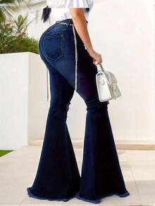 Jeans de pierna acampanada con detalles rasgados y decoración de botones, estilo de moda callejera para mujer, casual de primavera - Azul - Ver 2