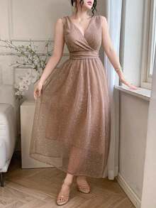 Vestido largo y elegante, minimalista y casual, con cuello en V, sin mangas, cintura marcada y totalmente lentejuelado, para mujer - Naranja Quemada - Ver 4