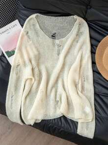 Suéter sexy de color albaricoque con diseño hueco y corte en el hombro, adecuado para salir, citas, estar en casa y para ir y venir, otoño/invierno primavera - Albaricoque - Ver 9