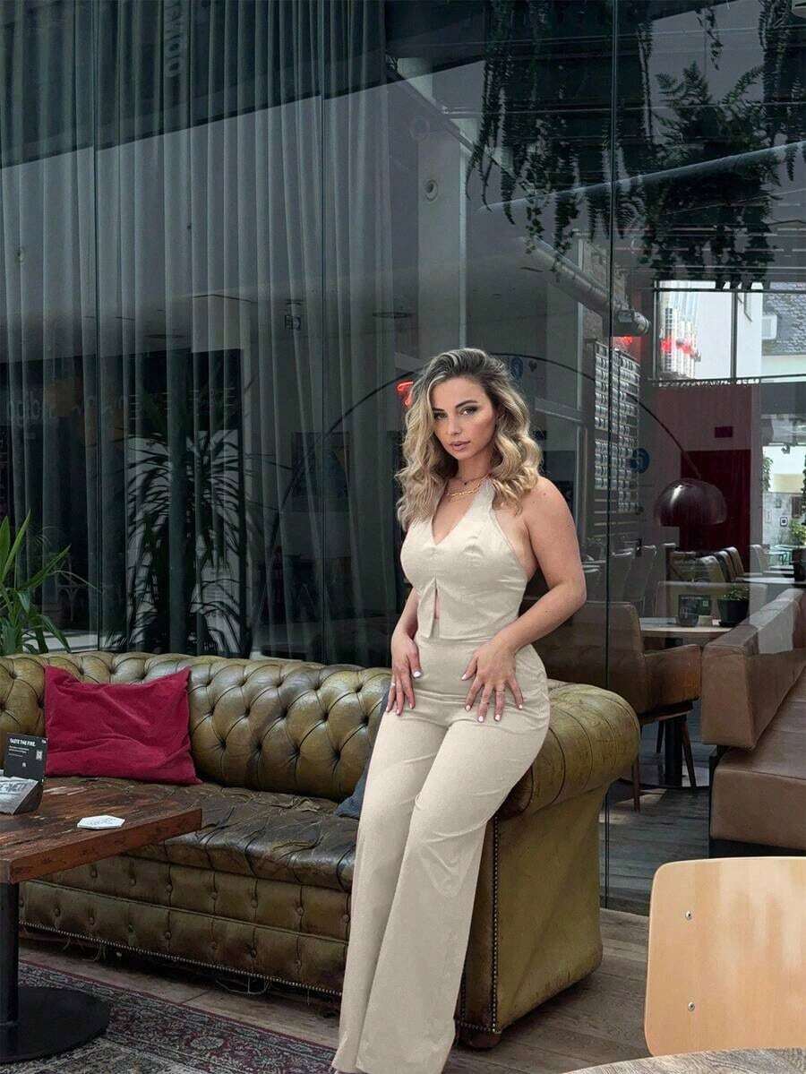 Conjunto de camiseta sin espalda de escote profundo y pantalón de pierna ancha para oficina, uso diario y salir, primavera-verano - Albaricoque - Ver 1
