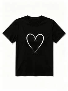 Envío local:Playera Negra para Mujer con Estampado de Corazón Blanco, Camiseta Básica Manga Corta Cuello Redondo Cómoda para Verano, Estilo Casual Chic - Negro - Ver 3