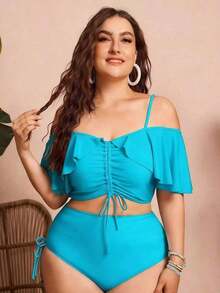 Swim Chiccia Conjunto de 2 piezas de bikini de talla grande para mujer de unicolor con tirantes de espagueti, hombros descubiertos, volantes y cordón - Elegante y estiloso para vacaciones informales - Celeste - Ver 1