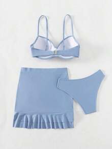 Swim Conjunto de bikini sólido sexy de 3 piezas para mujer con sujetador cruzado y aro, que incluye falda y camisa de cubierta para el verano - Azul - Ver 6
