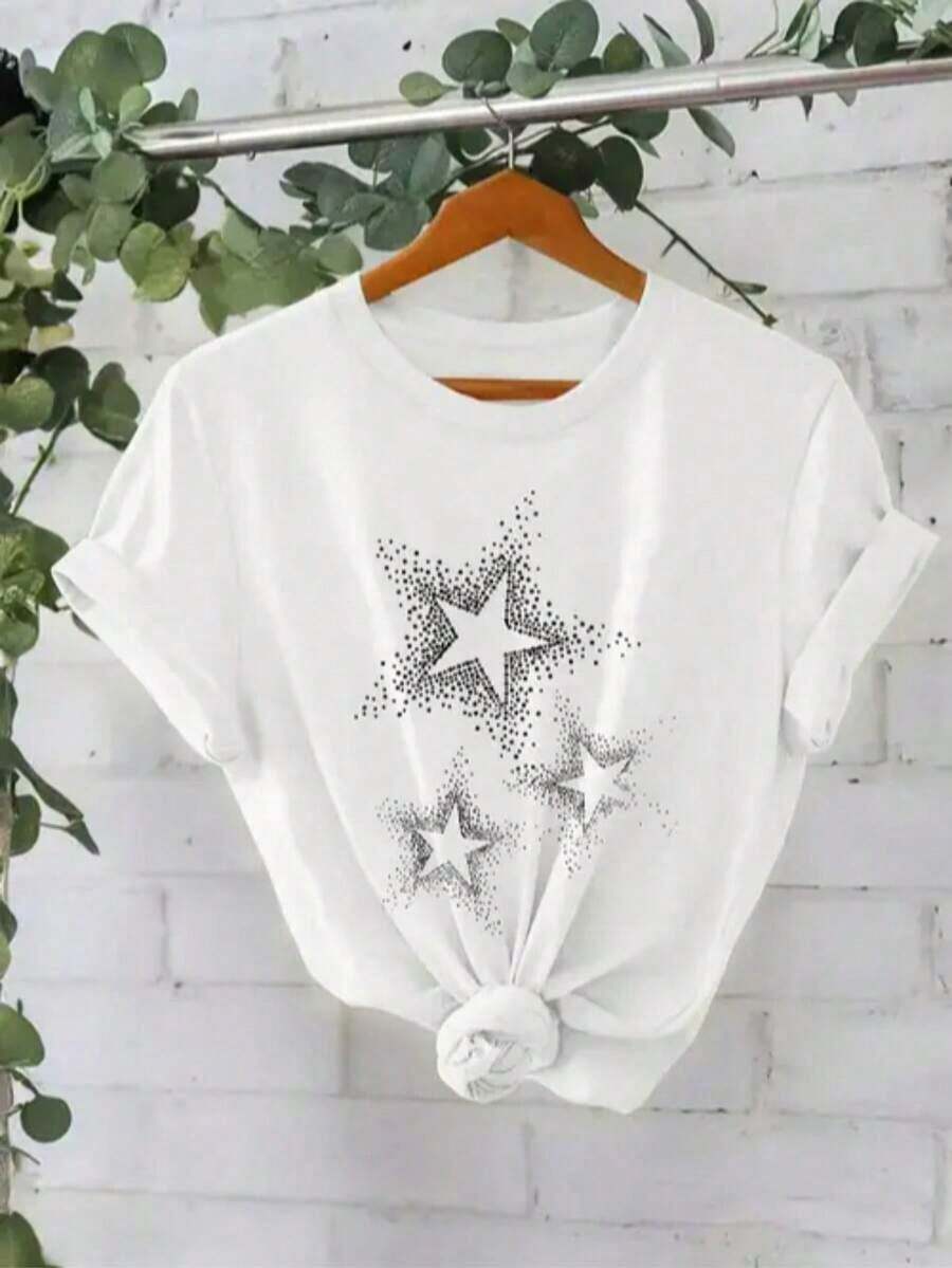 Nueva camiseta de cuello redondo para mujer, manga corta, holgada, casual y versátil con‌estampado de estrellas‌, tejido suave y de buena caída blusas para mujer playeras de mujer blusas casuales para dama