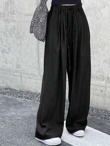 Pantalones largos casuales de mujer de unicolor con cordón en la cintura - Gris 2 - Ver 10