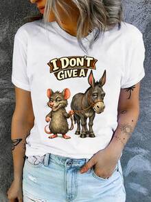 Camiseta con emojis de ratón y caballo sarcásticos y humorísticos - Diseño "No me importa" (con personajes de caballo y ratón) - Camiseta universal suave y transpirable para mujer - Ropa humorística para mujeres adultas, camiseta casual con memes. - Blanco - Ver 1