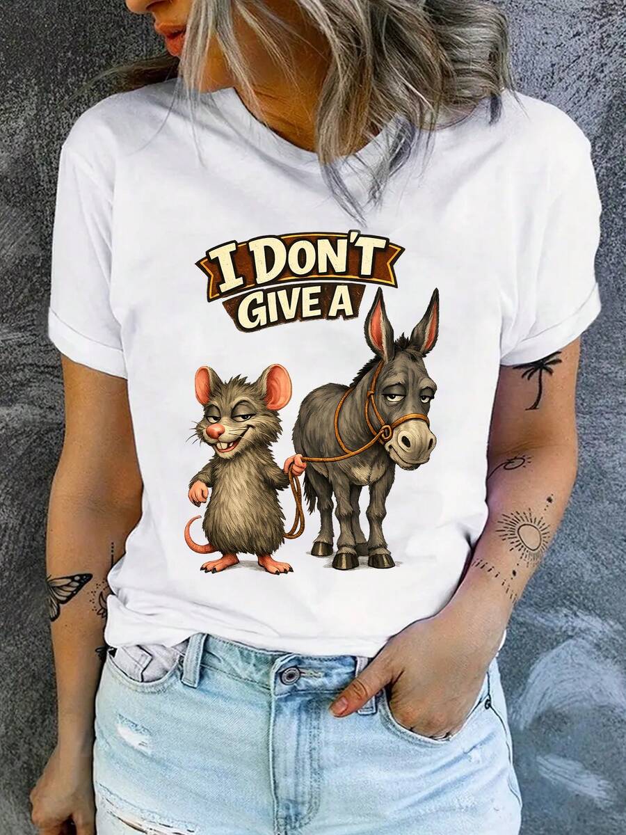 Camiseta con emojis de ratón y caballo sarcásticos y humorísticos - Diseño "No me importa" (con personajes de caballo y ratón) - Camiseta universal suave y transpirable para mujer - Ropa humorística para mujeres adultas, camiseta casual con memes. - Blanco - Ver 1