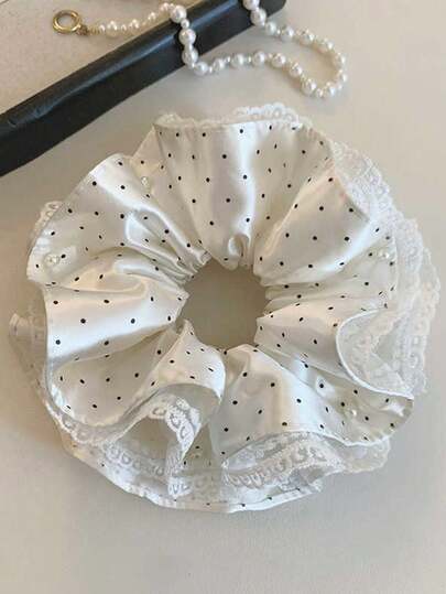 1个随机颜色大号波点缎面发圈，蕾丝边，仿珍珠，超大号丝滑触感发绳，弹性马尾辫发圈，美观发饰，适合女性女孩日常佩戴，派对、婚礼、母亲节、生日、毕业周年纪念日礼物