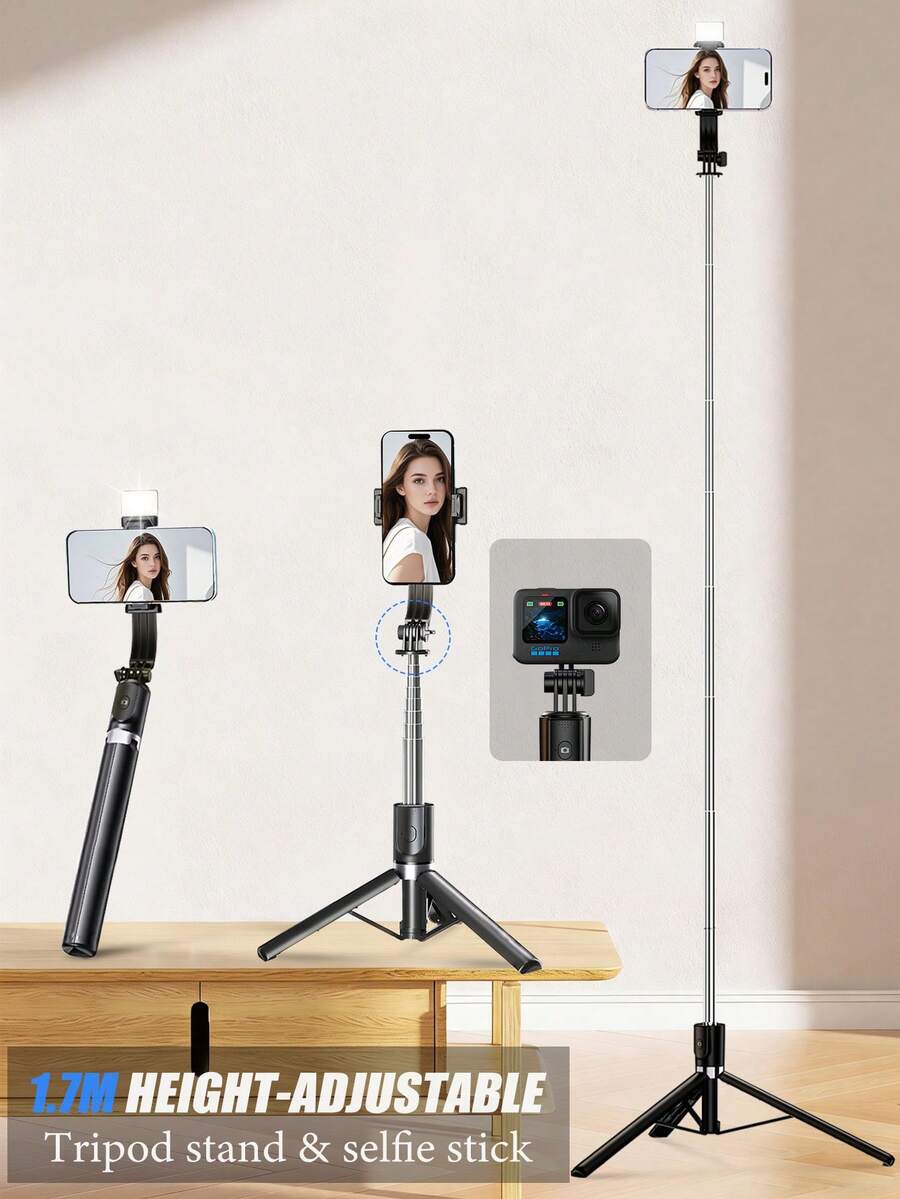 Gậy selfie kiêm chân máy 170cm có đèn chiếu sáng, điều khiển từ xa Bluetooth, giá đỡ điện thoại 3 trong 1 có thể kéo dài dành cho livestream và vlog.