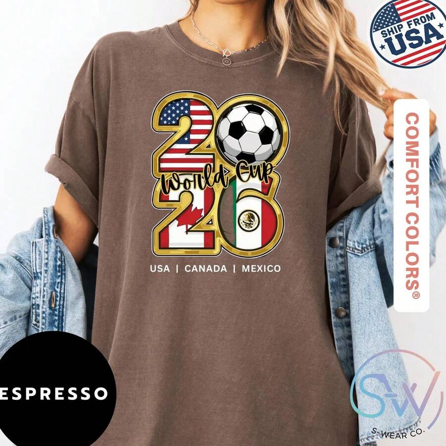 Camiseta de la Copa Mundial 2026, Diseño Gráfico de Fútbol de EE. UU., Canadá y México, Camiseta de Colores Cómodos, Ropa para Fanáticos del Fútbol de la Copa Mundial - Blanco (solo estilos en blanco y negro) - Ver 1