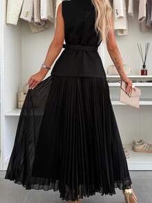 Conjunto Dos Piezas Elegante Sin Mangas  Tul Plisado Moda Europea Primavera Verano - Negro - Ver 5