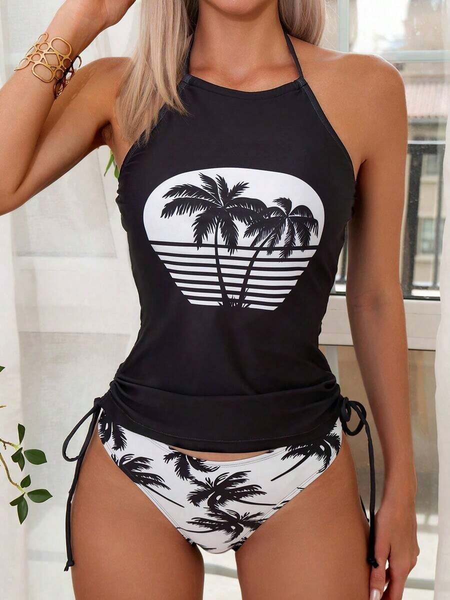Conjunto de top de tankini con cuello halter y Bottom con estampado de palmeras, cordón y fruncido, para vacaciones y playa - Blanco y Negro - Ver 1